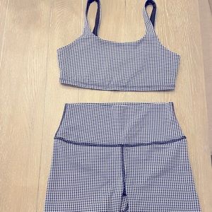 ALO YOGA bra and short set in gingham/checkered black and white print in size M.